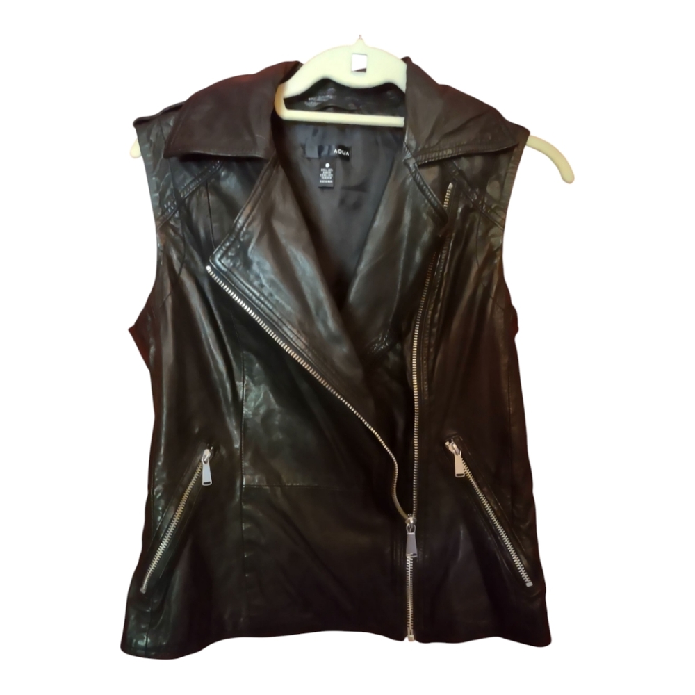 Aqua 100% Leather Black Moto Vest Asymmetrical Zipper Notched Lapel